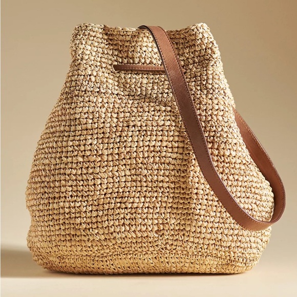 Faherty Raffia Drawstring Shoulder Bag Natural Straw Tote with Beige Lining - Picture 2 of 4